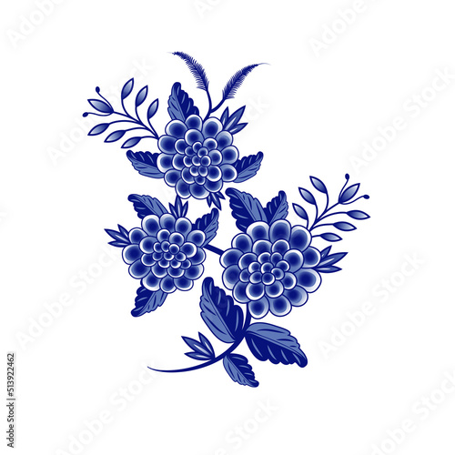 .Blue and white bouquet of abstract flowers.  Design elements on a white background. Chinese style decoration. Floral vector template.