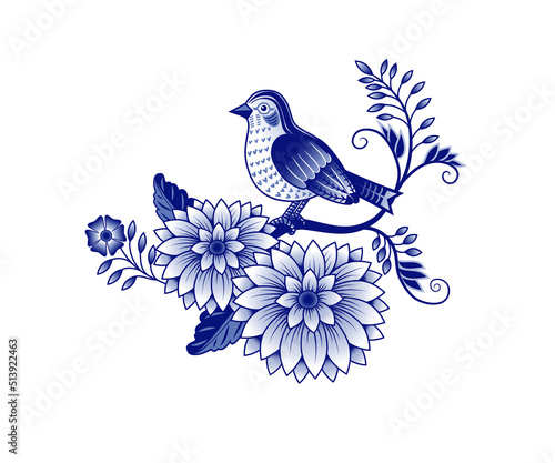 Bird sitting on a flowering branch. Blue and white abstract drawing.  Design element on a white background. Chinese style decoration. Floral vector template.