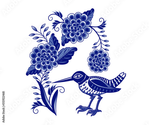 Bird and flowers. Blue and white abstract drawing.  Design element on a white background. Chinese style decoration. Floral vector template.
