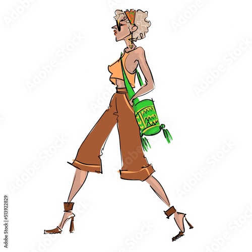 funny illustration of a young fashionable slim beautiful girl big in culottes with a bag and a cloud that goes fast illustration for design 