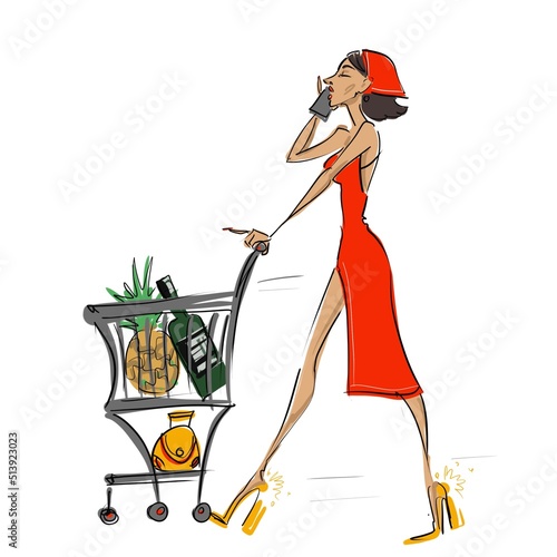 funny illustration of a young slender beautiful girl in a red dress who quickly carries fruit and wine purchases from the market in a basket and talks on the phone. Illustration for design and visual 