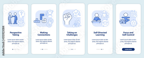 Skills for kids light blue onboarding mobile app screen. Development walkthrough 5 steps editable graphic instructions with linear concepts. UI, UX, GUI template. Myriad Pro-Bold, Regular fonts used