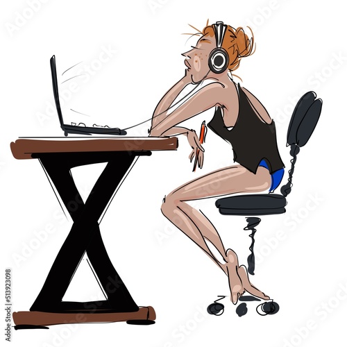 funny illustration at home of a young slender beautiful girl who sleeps in front of a computer screen in headphones with a pen in her hand. Illustration for design and visual 