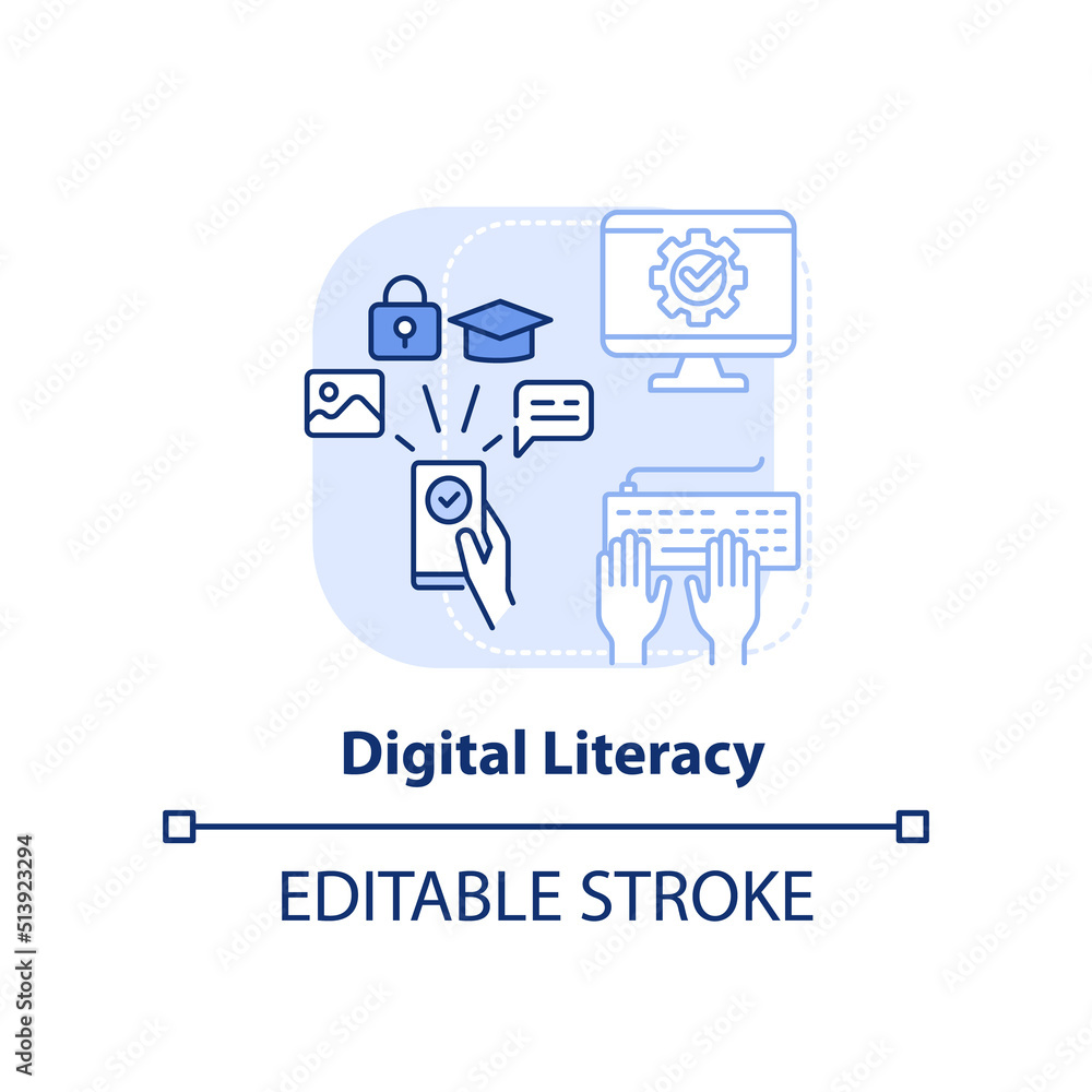 Digital literacy light blue concept icon. Life skill abstract idea thin line illustration. Educational technology. Isolated outline drawing. Editable stroke. Arial, Myriad Pro-Bold fonts used