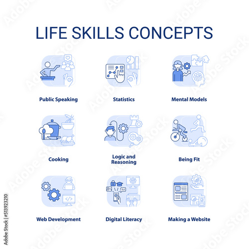 Life skills light blue concept icons set. Psychosocial competence idea thin line color illustrations. Personal development. Isolated symbols. Editable stroke. Roboto-Medium, Myriad Pro-Bold fonts used