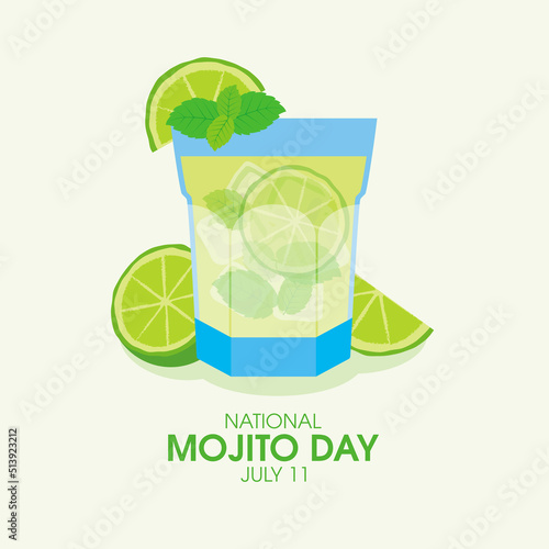 National Mojito Day vector illustration. Glass of mojito with lime and mint leaves icon vector. Fresh summer alcoholic drink drawing. July 11. Important day