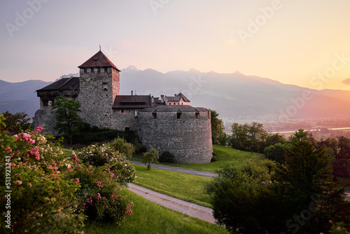 Vaduz Royal castle in Liechtenstein. Scenic landscape of old medieval castle in Alps mountains in summer. Beautiful view of Alpine nature.
