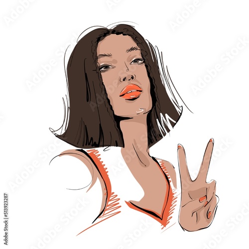 illustration of a young style beautiful woman with a bob haircut shows a symbol of peace. Illustration for visual and mood 