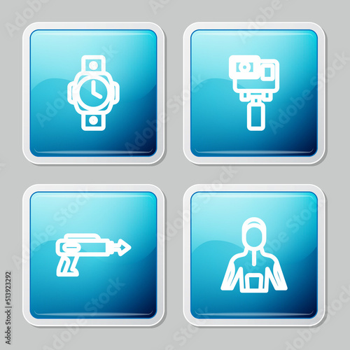 Set line Diving watch, Action extreme camera, Fishing harpoon and Wetsuit for scuba diving icon. Vector