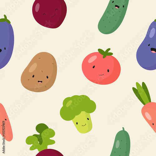 Seamless Pattern with Funny Vegetables characters. Vector illustration. For greeting card, posters, banners, the card, printing on the pack, printing on clothes, fabric, wallpaper.	