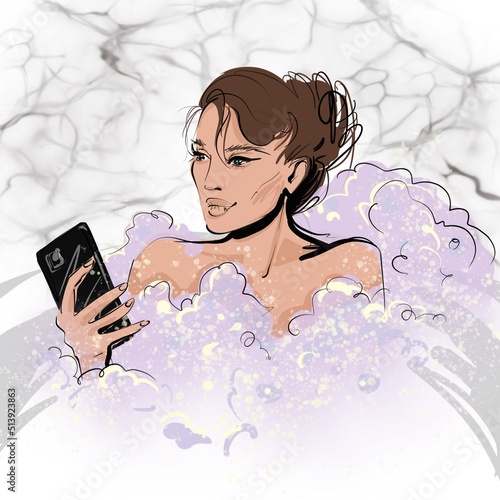 illustration of a young beautiful girl taking a foam bath with a phone in her hand. Illustration for visual 