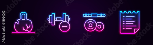 Set line Broken weight, Dumbbell, Barbell and Sport training program. Glowing neon icon. Vector