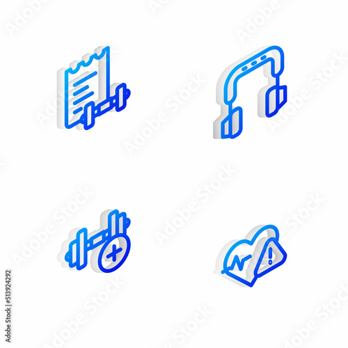 Set Isometric line Headphones, Sport training program, Dumbbell and Heart rate icon. Vector