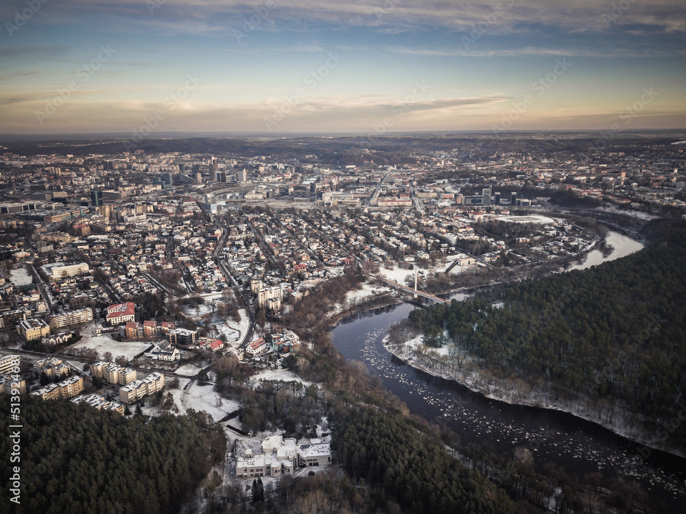 Aerial landscape of Vilnius city in winter