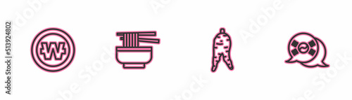 Set line South Korean won coin, Ginseng root, Ramen and flag icon. Vector