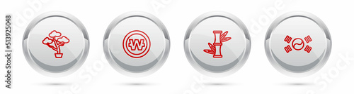 Set line Bonsai tree, South Korean won coin, Bamboo and flag. Silver circle button. Vector