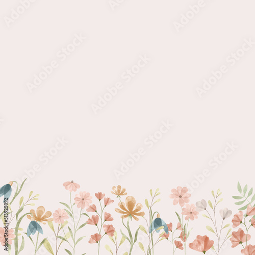 Floral Frame isolated on the beige  background. Cute watercolor floral wreath perfect for wedding invitations and greeting cards.