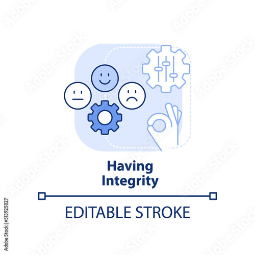 Having integrity light blue concept icon. Self-management skill abstract idea thin line illustration. Honesty about morals. Isolated outline drawing. Editable stroke. Arial, Myriad Pro-Bold fonts used
