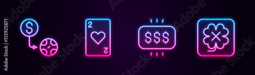 Set line Casino chips exchange, Playing card with heart, Money prize casino and slot machine. Glowing neon icon. Vector
