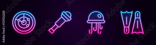 Set line Radar with targets, Spyglass telescope lens, Jellyfish and Flippers for swimming. Glowing neon icon. Vector