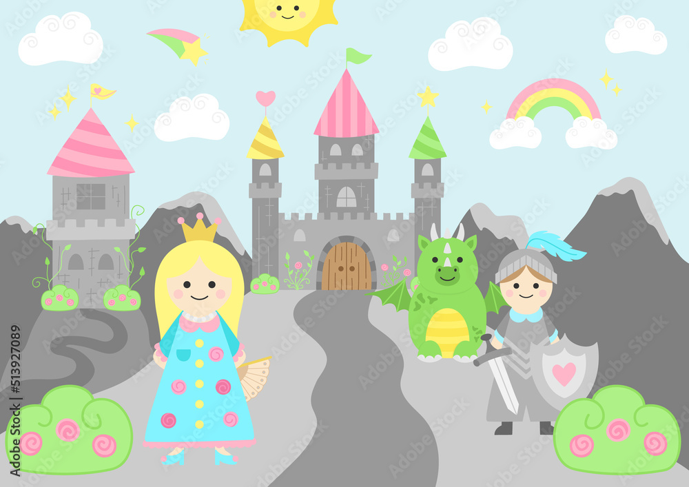 Princess fairy tale vector illustration. Castle background with prince ...