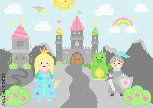 Princess fairy tale vector illustration. Castle background with prince, dragon, and princess. © kikivagnerova