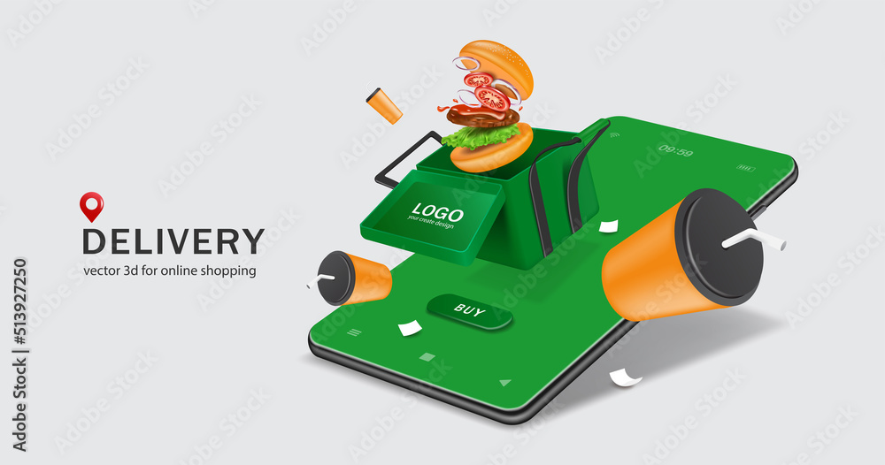 Hamburgers and soda cans floated into bags of food and all objects floating in mid-air above a smartphone with a green screen,vector 3d isolated on white background for delivery and online shopping Hamburgers and soda cans floated into bags of food and all objects floating in mid-air above a smartphone with a green screen,vector 3d isolated on white background for delivery and online shopping