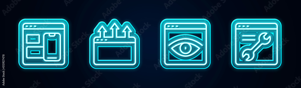 Set line Web developer programming code, Browser window, incognito and setting. Glowing neon icon. Vector Set line Web developer programming code, Browser window, incognito and setting. Glowing neon icon. Vector