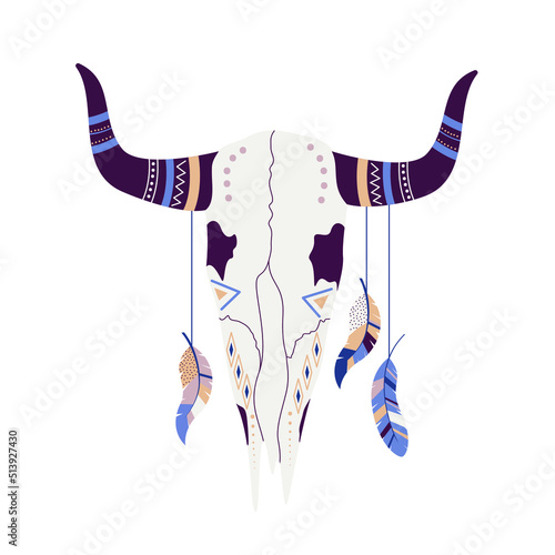 skull with ornamental horns and decorated feathers