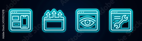Set line Web developer programming code, Browser window, incognito and setting. Glowing neon icon. Vector