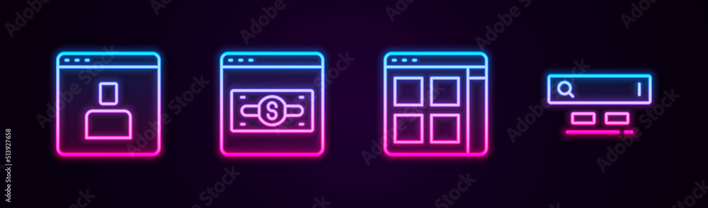 Set line Create account screen, Online shopping on, Browser files and Search engine. Glowing neon icon. Vector Set line Create account screen, Online shopping on, Browser files and Search engine. Glowing neon icon. Vector