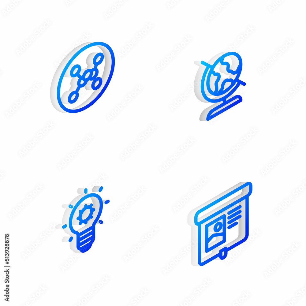 Set Isometric line Earth globe, Chemical formula, Light bulb and Projection screen icon. Vector Set Isometric line Earth globe, Chemical formula, Light bulb and Projection screen icon. Vector