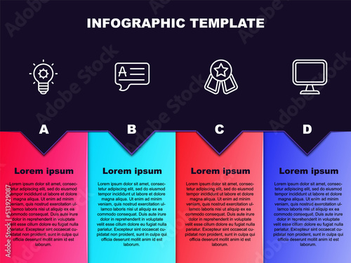 Set line Light bulb, Speech bubbles with Answer, Medal star and Computer monitor. Business infographic template. Vector