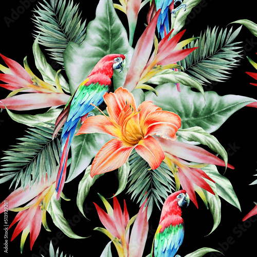 Bright  tropical seamless pattern with parrots and flowers. Palm. Lily. Watercolor illustration. Hand drawn.