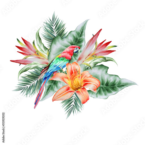 Illustration with tropical  parrot and flowers. Palm. Lily. Watercolor illustration. Hand drawn.