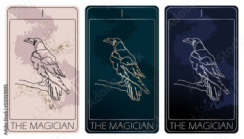 The Magician. A card of Major arcana one line drawing tarot cards. Tarot deck. Vector linear hand drawn illustration with occult, mystical and esoteric symbols. 3 colors. Proposional to 2,75x4,75 in.