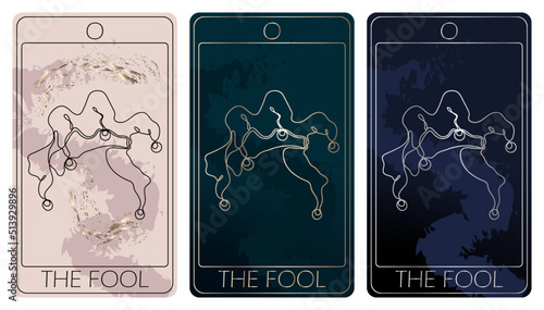 The Fool. Zero card of Major arcana one line drawing tarot cards. Tarot deck. Vector linear hand drawn illustration with occult, mystical and esoteric symbols. 3 colors. Proposional to 2,75x4,75 in.