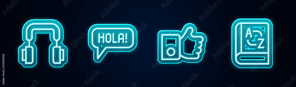 Set line Headphones, Hola in different languages, Hand like and Translator book. Glowing neon icon. Vector Set line Headphones, Hola in different languages, Hand like and Translator book. Glowing neon icon. Vector