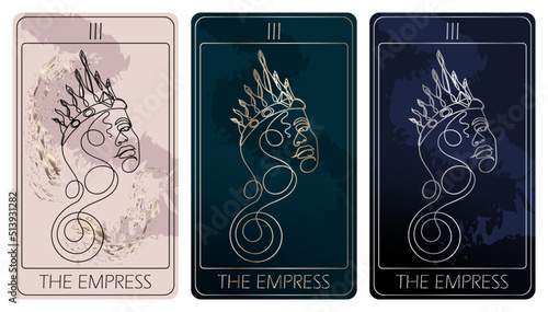 The Empress. A card of Major arcana one line drawing tarot cards. Tarot deck. Vector linear hand drawn illustration with occult, mystical and esoteric symbols. 3 colors. Proposional to 2,75x4,75 in.