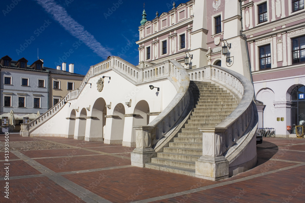 Stairway of Town Hall at Great Market Square (Rynek Wielki) in Zamosc, Poland