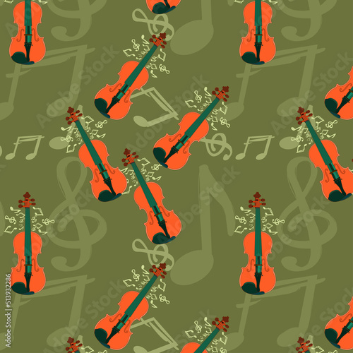 Seamless pattern of musical instrument on dark olive green color background. International orange aerospace color violin and yellow green crayola color musical notes or symbol. musical textile pattern