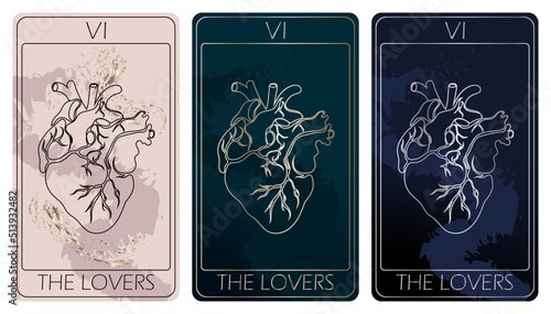 The Lovers. A card of Major arcana one line drawing tarot cards. Tarot deck. Vector linear hand drawn illustration with occult, mystical and esoteric symbols. 3 colors. Proposional to 2,75x4,75 in.