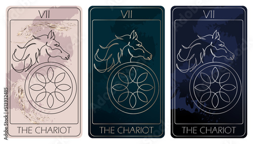 The Chariot. A card of Major arcana one line drawing tarot cards. Tarot deck. Vector linear hand drawn illustration with occult, mystical and esoteric symbols. 3 colors. Proposional to 2,75x4,75 in.