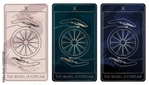 The Wheel of Fortune. A card of Major arcana one line drawing tarot cards. Vector linear hand drawn illustration with occult, mystical and esoteric symbols. 3 colors. Proposional to 2,75x4,75 in.