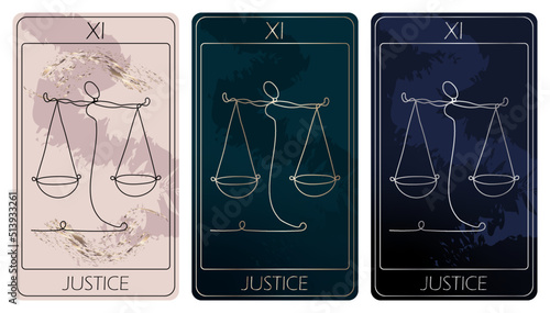 Justice. A card of Major arcana one line drawing tarot cards. Tarot deck. Vector linear hand drawn illustration with occult, mystical and esoteric symbols. 3 colors. Proposional to 2,75x4,75 in.