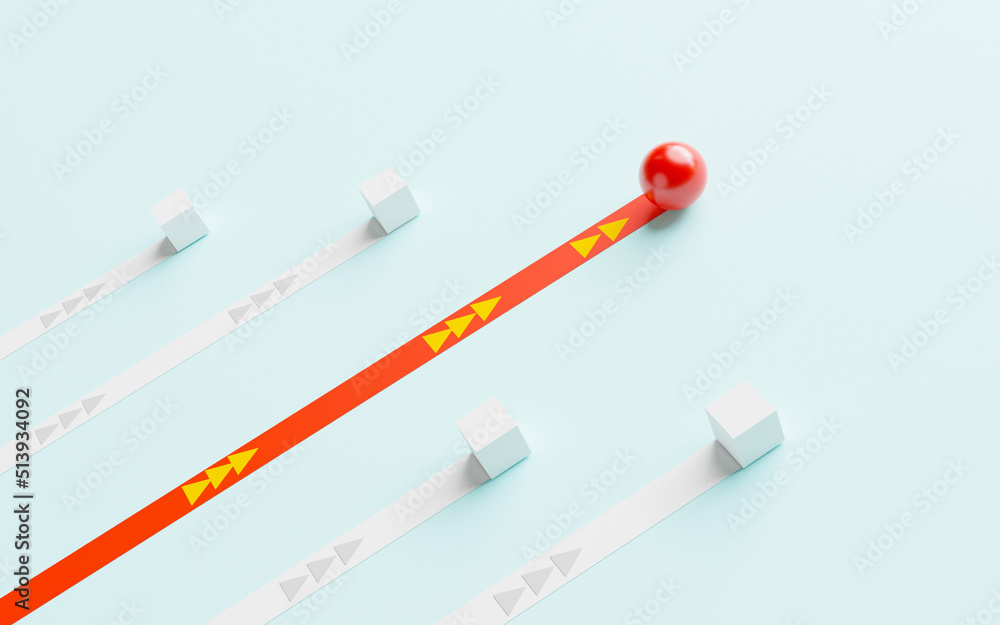 Red ball rolls in front of the white box which is a symbol of leadership intelligence in thinking and business winner strategy concept by 3d render illustration. Red ball rolls in front of the white box which is a symbol of leadership intelligence in thinking and business winner strategy concept by 3d render illustration.