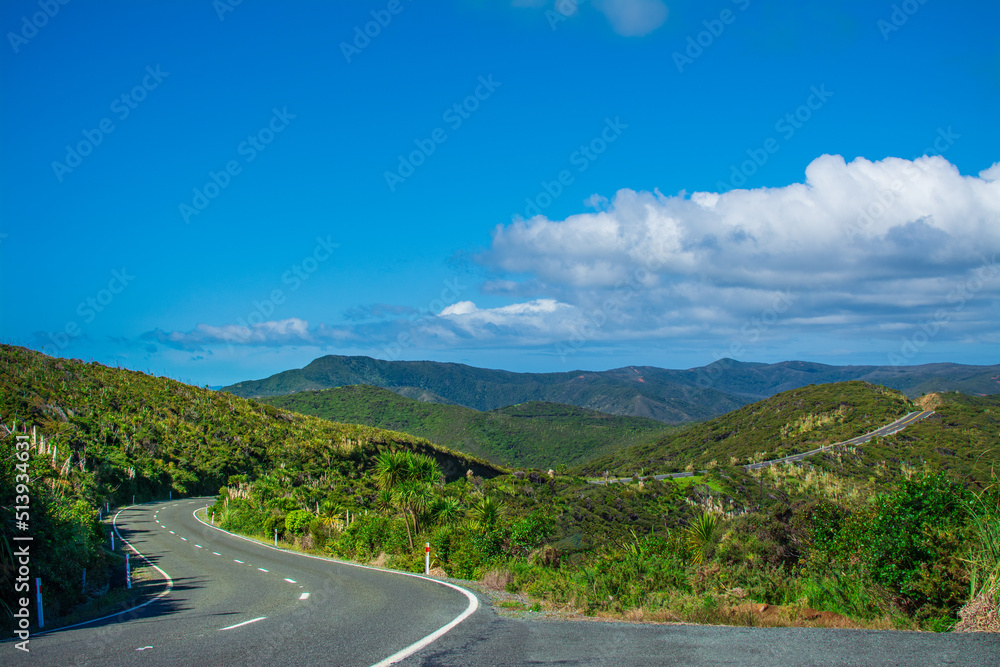 Narrow monutain road winding through green ranges. Cape Reinga, North Island, New Zealand