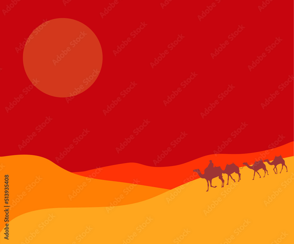 Desert sunset with camels and man