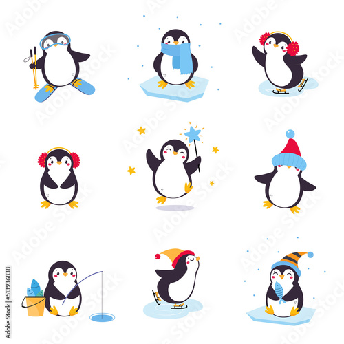 Cute Penguin with Red Cheeks Wearing Hat Skiing and Ice Skating Vector Illustration Set