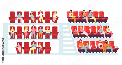 People Character In Cinema Theatre Sitting in Red Chairs with Popcorn Watching Movie Vector Set